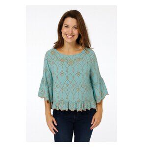 Modaposa Shirt Womens Small Turquoise Embroidered Beaded Boho Peasant Ruffle